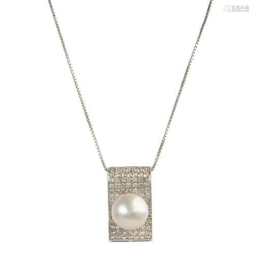 Cultured Pearl, Diamond, White Gold Pendant Necklace.