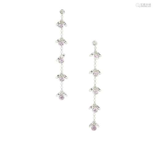 Pair of Kunzite, Diamond, 14k White Gold Drop Earrings.