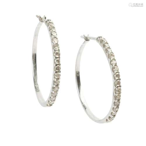 Pair of Diamond, 10k White Gold Hoop Earrings.