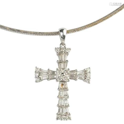 Diamond, 18k White Gold Cross Pendant Necklace.