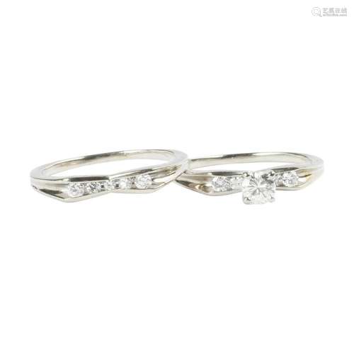 Diamond, 14k White Gold Wedding Ring Set.