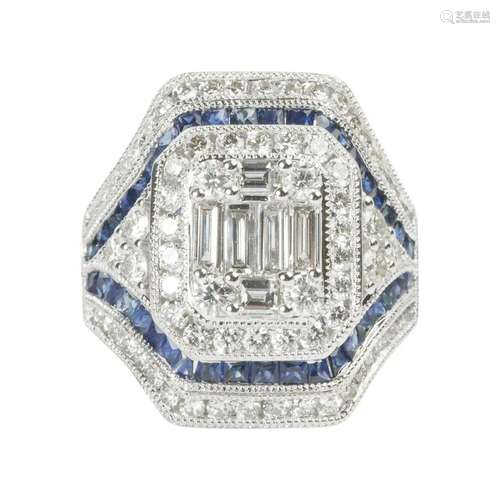 Diamond, Sapphire, 18k White Gold Ring.