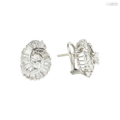 Pair of Diamond, 14k White Gold Earrings.