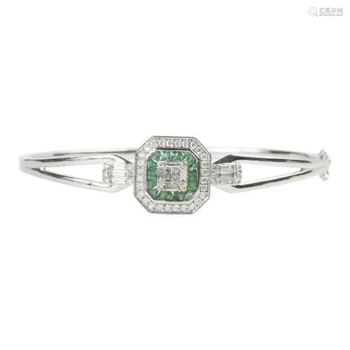 Diamond, Emerald, 18k White Gold Bracelet.