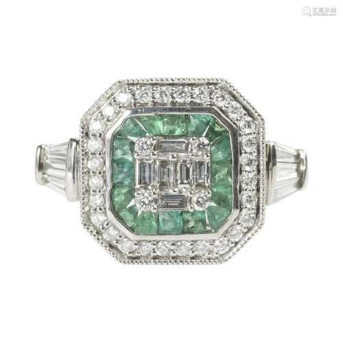 Diamond, Emerald, 18k White Gold Ring.