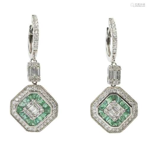 Pair of Diamond, Emerald, 18k White Gold Earrings.