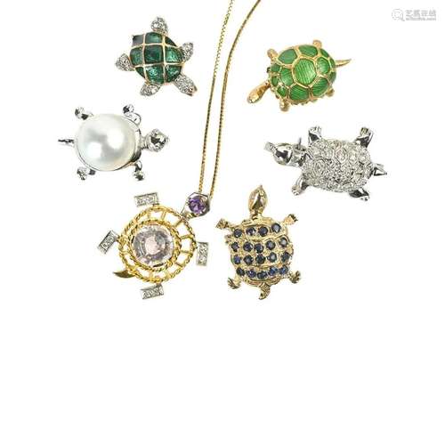 Six Multi-Stone, Enamel, Gold Turtle Jewelry Items.