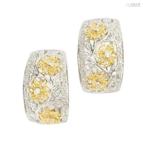 Pair of Diamond, 14k Gold Earrings.