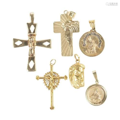 Collection of Six Yellow Gold Religious Pendants.