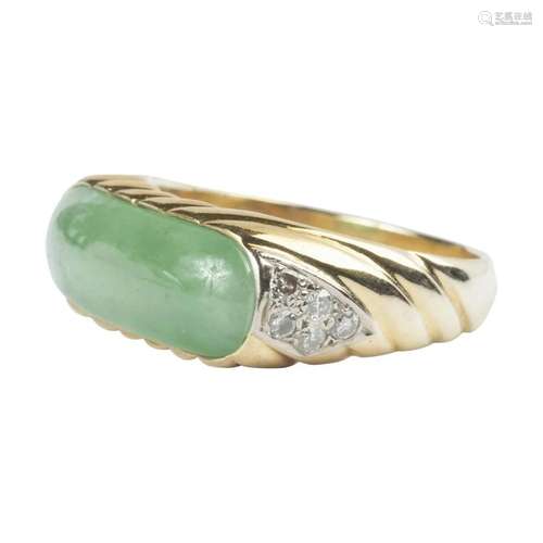 Jadeite Jade, Diamond, 14k Yellow Gold Saddle Ring.