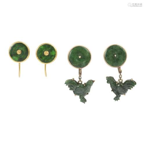 Two Pairs of Jadeite Jade, 14k Yellow Gold Earrings.