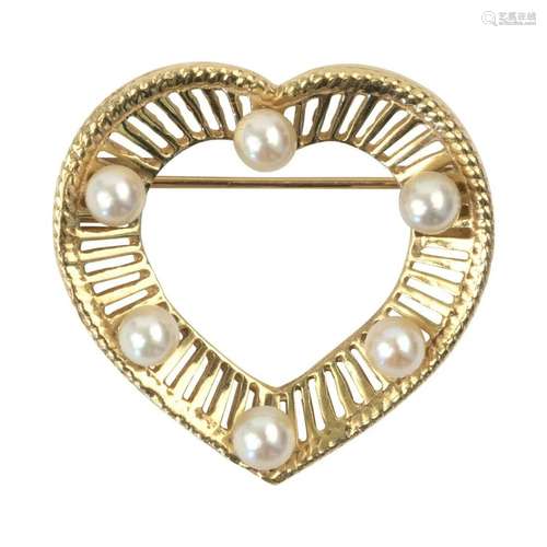 Cultured Pearl, 14k Yellow Gold Heart Brooch.