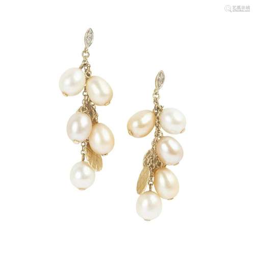 Pair of Cultured Pearl, Diamond, 14k Gold Earrings.