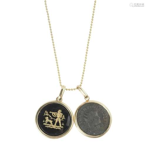 Coin Form, 14k Yellow Gold Double Pendant Necklace.