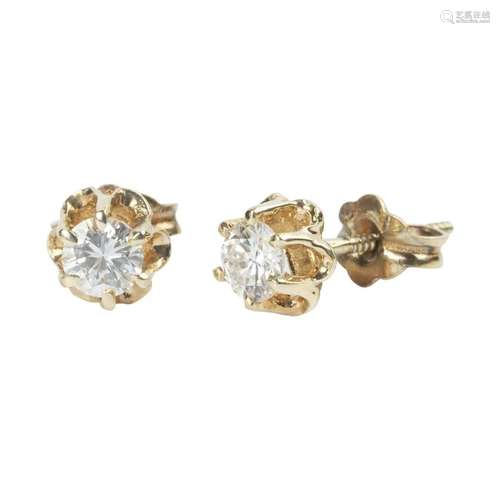 Pair of Diamond, 14k Yellow Gold Stud Earrings.