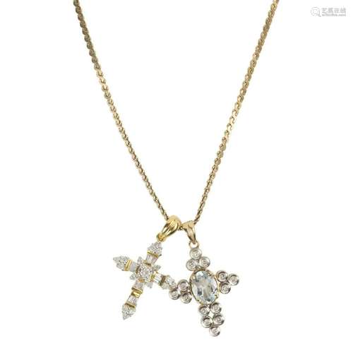 Multi-Stone, 14k Gold Double Cross Pendant Necklace.