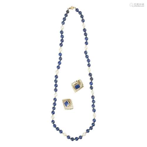 Lapis Lazuli, Cultured Pearl, 14k Gold Jewelry Suite.