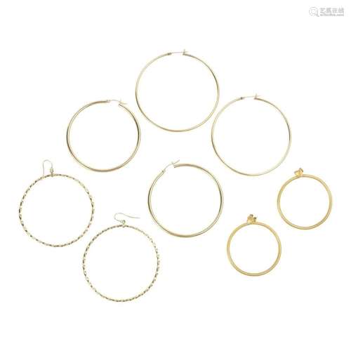 Collection of Four Pairs of Yellow Gold Hoop Earrings.