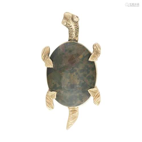 Bloodstone, 14k Yellow Gold Turtle Pendant.