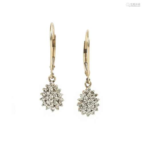 Pair of Diamond, 10k Yellow Gold Cluster Drop Earrings.