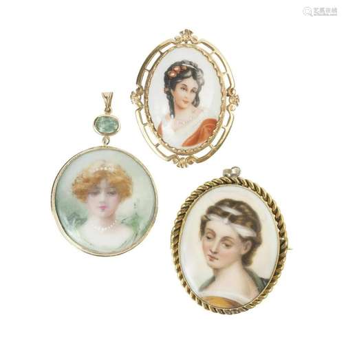 Three Painted Limoges, Gold, Gold-Filled Jewelry Items.