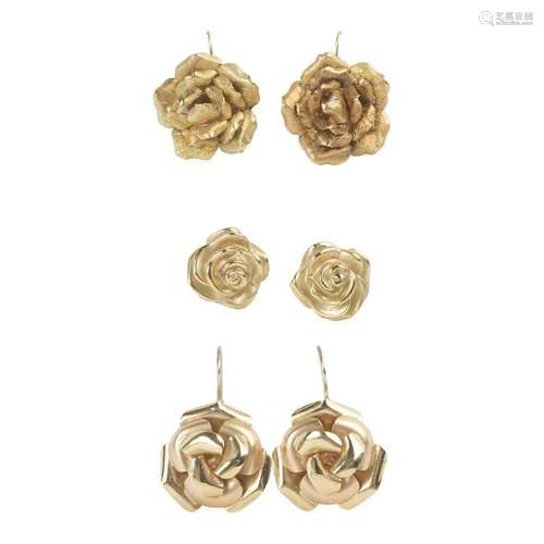 Collection of Three Pairs of 14k Gold Rose Earrings.