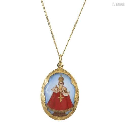 Painted Miniature, 14k Yellow Gold Pendant Necklace.