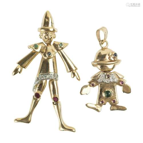 Two Multi-Stone, Yellow Gold Clown Pendants.