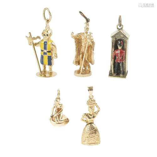 Collection of Five Enamel, Yellow Gold Charms.