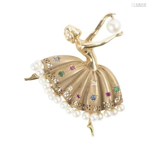 Cultured Pearl, Multi-Stone, 14k Gold Ballerina Pendant