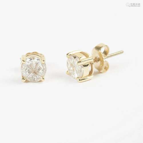 Pair of Diamond, 14k Yellow Gold Stud Earrings.