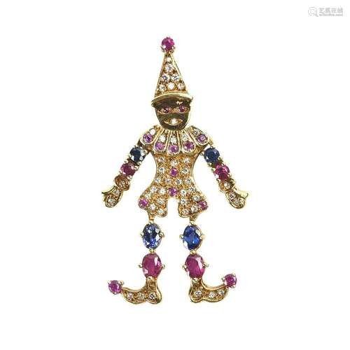 Diamond, Ruby, Sapphire, 14k Yellow Gold Jester Pendant