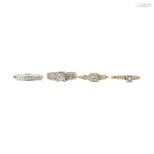 Four Vintage Diamond, 14k Yellow Gold Rings.