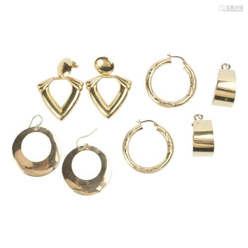 Collection of Four Pairs of 14k Yellow Gold Earrings.