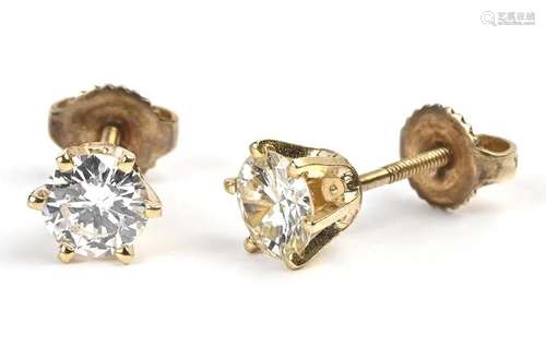 Pair of Diamond, 14k Yellow Gold Stud Earrings.