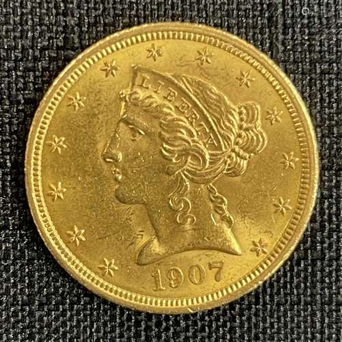 US 1907 $5.00 Gold Coin, Uncirculated Condition.