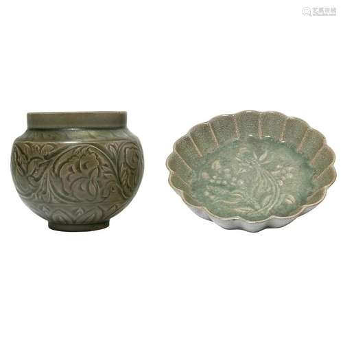 Two Chinese Longquan Celadon Porcelain Dish and Jar