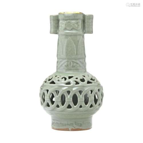 Chinese Longquan Celadon Reticulated Vase/Yuan