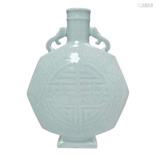 An Octagonal Blue Glaze Moon Flask Longevity Vase