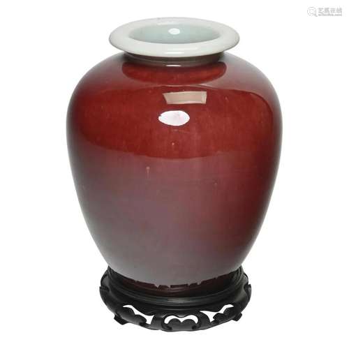 Chinese Oxblood Langyao Vase on Carved Wood Base