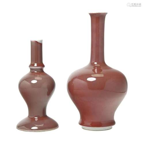 Two Chinese Peach Bloom Glaze Stick Neck Vases