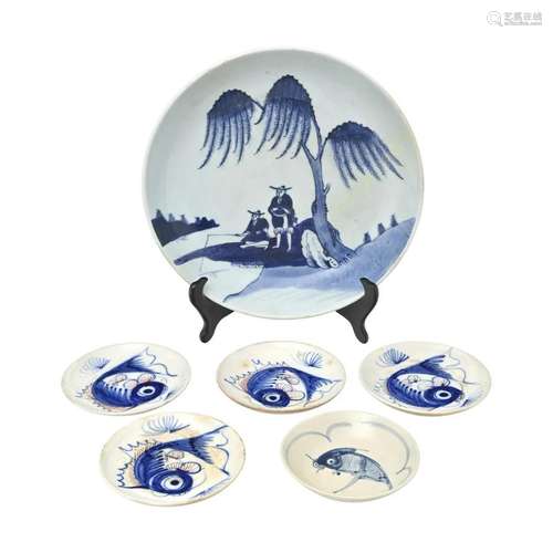 Six Chinese Porcelain Plates, Five in a Fabric Box