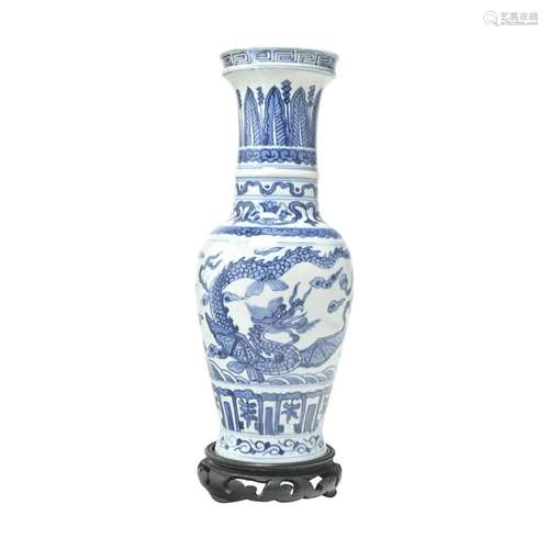 A Chinese Blue and White Dragon Vase with Base