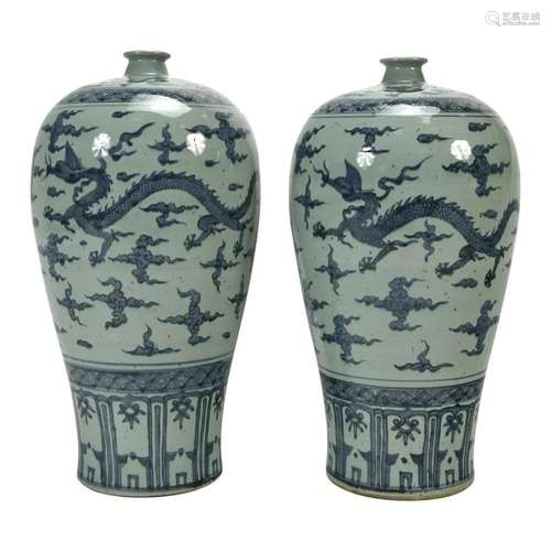 Pair of Large Chinese Blue and White Dragon Vase