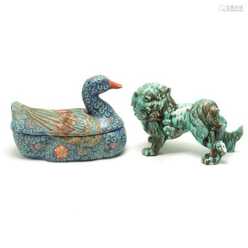 Chinese Porcelain Goose Tureen and a Foo Dog