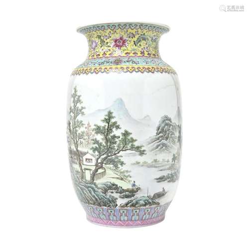 A Chinese Famille Rose Porcelain Landscape Vase