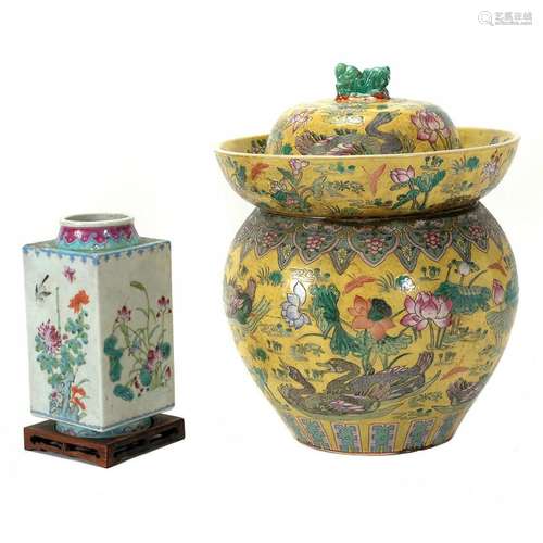 Famille Jaune Porcelain Oil Jar and a Square Vase