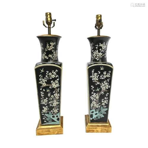 Pair of Chinese Famille Noir Verte Square Vases