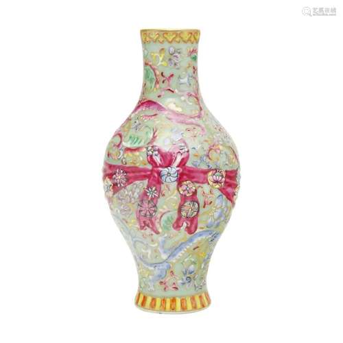 A Lime Ground Famille Rose Enameled Gilt Ribbon Vase