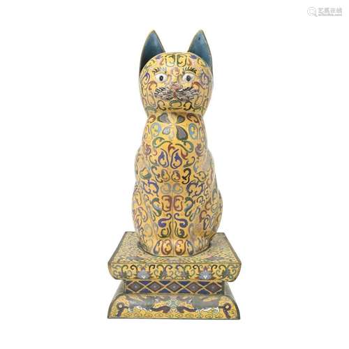 Chinese Yellow Ground Cloisonne Cat on Plinth